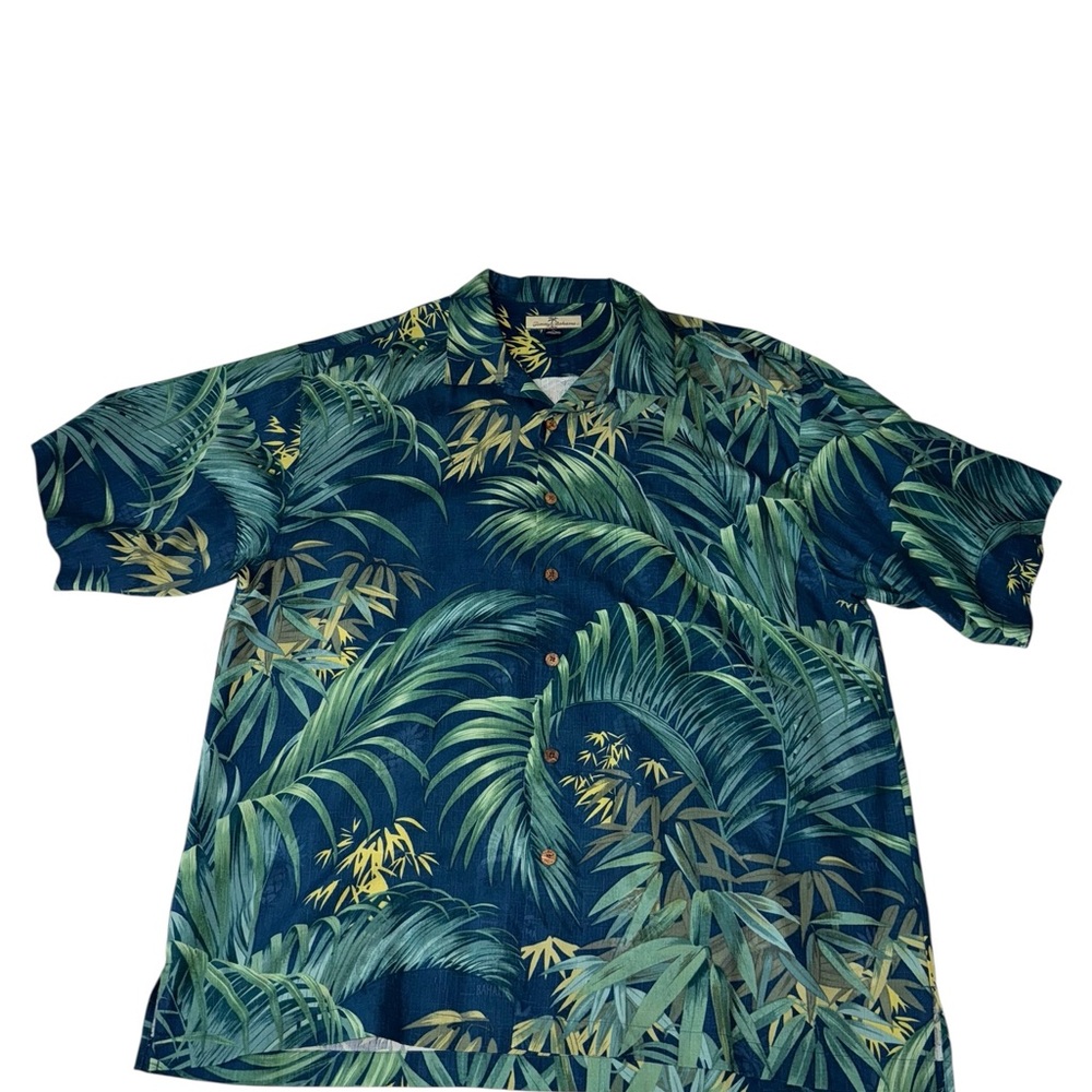 Tommy Bahama Green, Yellow and Blue Leaf Print Shirt Size XL 100% Silk